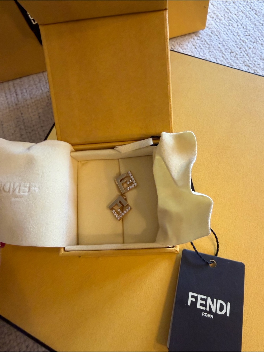 Fendi Gold and Clear Crystal FF Logo Stud Earrings